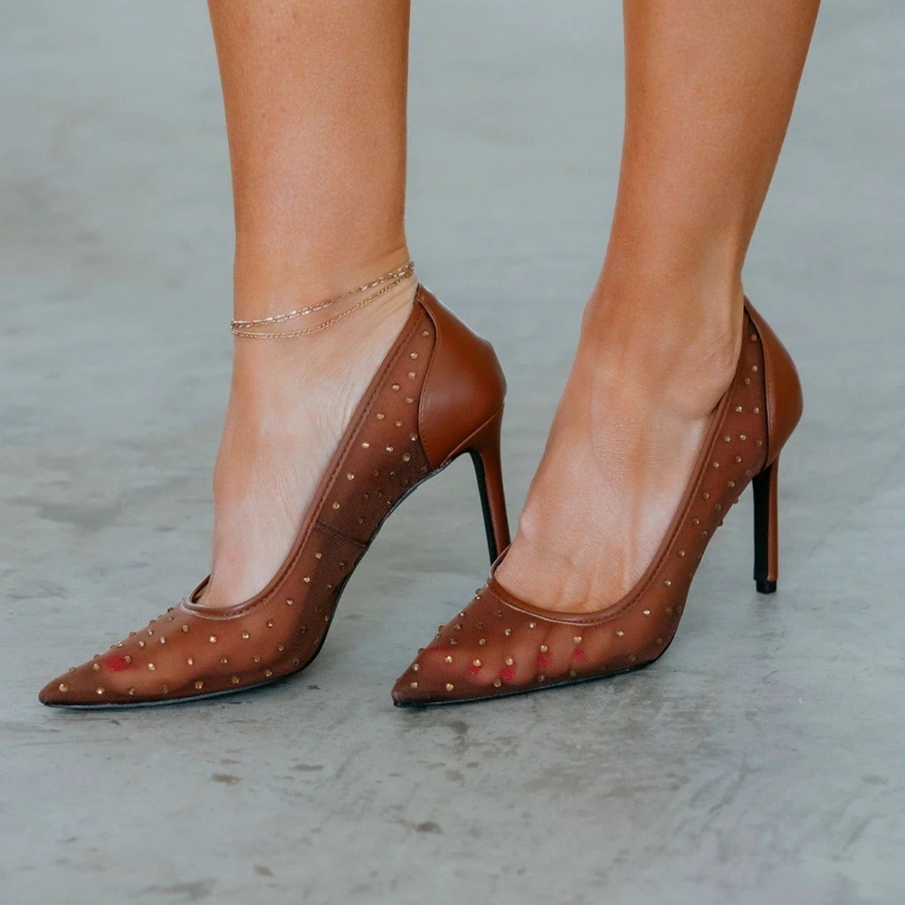 Anne Michelle Mesh Heels Size 10 Brown Studded Detail Pointed Toe Slip On NEW